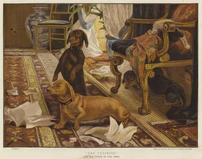 Drie teckels rond een stoel in een woonkamer (kleur litho) door Otto Weber
