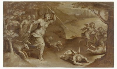 Diana verjaagt Cupido en zijn helpers die haar probeerden te strikken door Otto van Veen