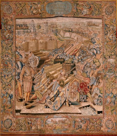 Vlaamse wandtapijt. Serie Triomfen en veldslagen van Aartshertog Albert. Aanval op de stad Calais. Tweede wandtapijt in de serie. Model Otto van Veen en Hans I Snellinck. Manufacture Martin Reynbouts, Brussel door Otto van Veen