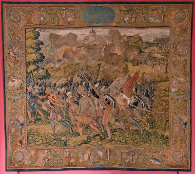Vlaams wandtapijt. Serie Triomfen en veldslagen van aartshertog Albert. Nachtelijke aanval op Ardres of Verovering van de lage stad Ardres. Derde wandtapijt in de serie. Model Otto van Veen en Hans I Snell door Otto van Veen