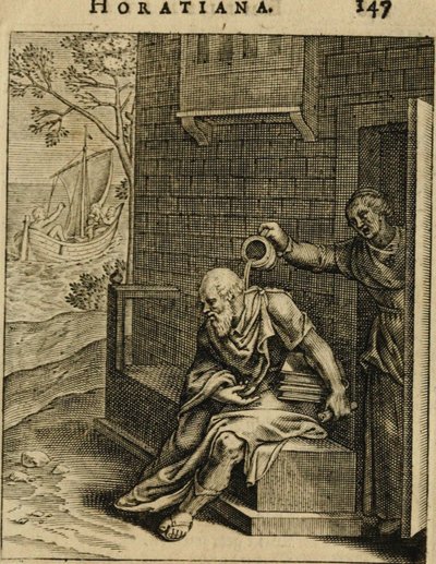 Xanthippe die een kamerpot over Socrates leegt. Uit Emblemata Horatiana, 1607 door Otto van Veen