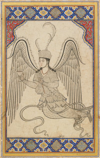 Engel, vliegend, met beker en wijnfles door Ottoman School