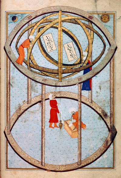 Astronomen manipuleren een enorme armillairsfeer en gereedschappen om lengte- en breedtegraad te meten. Miniatuur uit het manuscript ms. FY 1404 