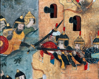Slagveld tussen het Ottomaanse leger van Murad III en de verdedigers van een fort. Detail. Codex miniatuur R-1296. 16e eeuw. Topkapi Sarayi Museum Bibliotheek Istanbul door Ottoman School