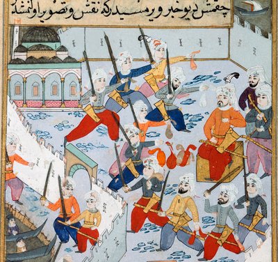 Inname van Constantinopel: het leger van de Ottomaanse sultan Mehmet II (Mehmed II de Veroveraar of Muhammad II Fatih) (1430-1481) in de Gouden Hoorn belegerde de stad Constantinopel in 1453. 15e-eeuwse miniatuur. Topkapi Sarayi Museum Bibliotheek Istanboe door Ottoman School