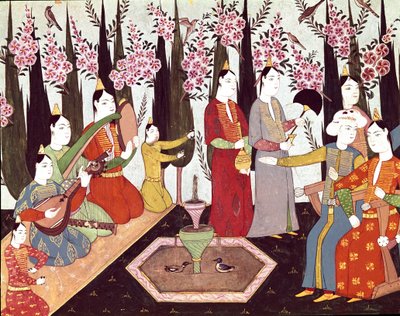 Feesten georganiseerd in een miniatuur harem uit het album van Sultan Ahmed I (1590-1617) door Ottoman School