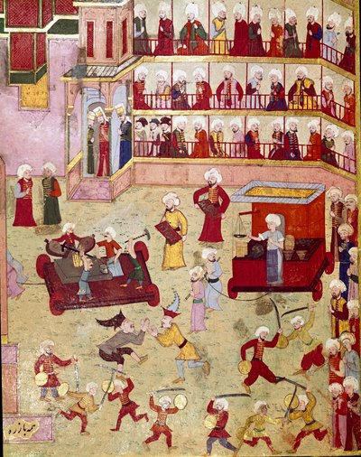 Feesten georganiseerd ter gelegenheid van de besnijdenis van de zoon van de Ottomaanse Sultan Murad II (Murat) (1404-1451), jongleurs, acrobaten en goudsmeden kwamen monsters presenteren. Miniatuur uit de 16e eeuw. Istanboel, Topkapi Sarayi Museum Biblioth door Ottoman School