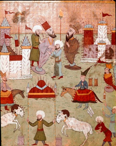 Festiviteiten georganiseerd ter gelegenheid van de besnijdenis van de zoon van de Ottomaanse sultan Murad II, voorbereiding van vuurwerk. Miniatuur uit de 16e eeuw. Istanboel, Topkapi Sarayi Museum Bibliotheek door Ottoman School