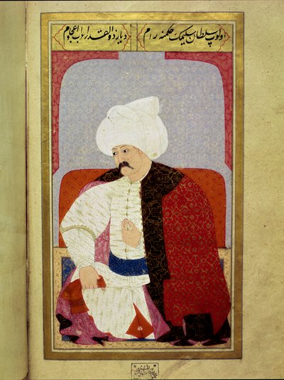 Ottomaanse Rijk: Portret van de negende Ottomaanse Sultan Selim I, bijgenaamd de Verschrikkelijke of de Wrede (1470-1520). Miniatuur uit het manuscript 