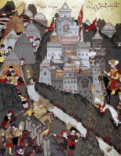 Ottomaanse Rijk: Sultan Bayezid I (Bajazet) (1360-1402) keert als overwinnaar terug naar de stad Nicopolis na de slag van dezelfde naam op 25/09/1396. 16e-eeuwse miniatuur. Istanboel, Topkapi Sarayi Museum Bibliotheek door Ottoman School