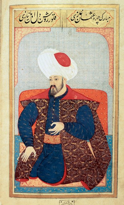Ottomaanse Rijk: portret van de eerste Sultan Osman I (1258-1326). Miniatuur uit het manuscript 
