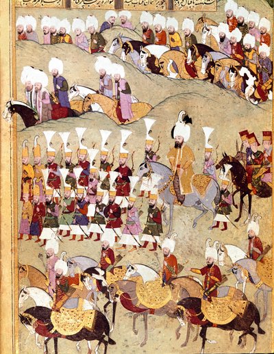 Ottomaanse Rijk: voorstelling van Ottomaanse Sultan Murad II (Murat) (1404-1451) en zijn leger tijdens de invasie van Perzië. Manuscript miniatuur ms. FY 1404 