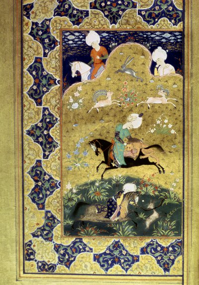 Ottomaanse Rijk: voorstelling van Sultan Selim I genaamd de Verschrikkelijke (1470-1520) te paard tijdens een jachtpartij vechtend tegen een jachtluipaard. Miniatuur uit de 