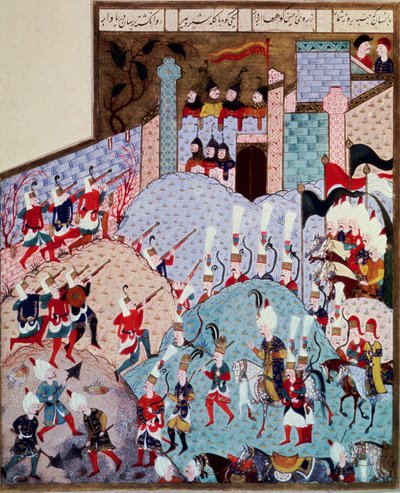 Sultan Suleyman I de Prachtige (1520-1566) en zijn leger vallen een versterkte stad aan door Ottoman School