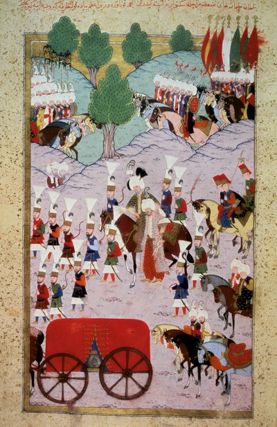 Ottomaanse Rijk: voorstelling van Sultan Soliman (Suleyman) I genaamd de Prachtige (1520-1566) en zijn leger. Miniatuur uit Hunername door Lokman, vol. 1 (H 1523, f.7) 1584 Topkapi Sarayi Museum Bibliotheek Istanbul door Ottoman School