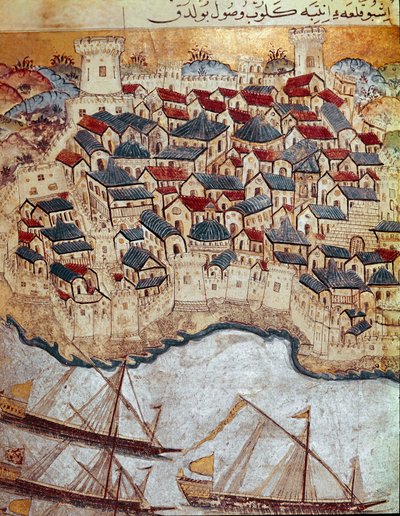 Ottomaanse Rijk: voorstelling van een versterkte stad aan de oever van de Donau veroverd door Soliman (Suleyman) I de prachtige (1520-1566) tijdens zijn mars naar Boedapest en Wenen (1526-1529) door Ottoman School