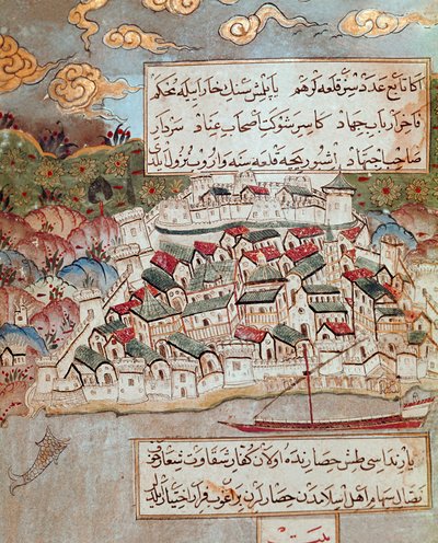 Ottomaanse Rijk: voorstelling van een versterkte stad aan de oever van de Donau veroverd door Suleyman I tijdens zijn mars op Boedapest en Wenen. 16e eeuw miniatuur. Topkapi Sarayi Istanbul door Ottoman School