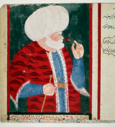 Portret van Barberose (Khizir Khayr ad-din (Barbaros Hozor Hayreddin Pasha) (1466-1546) Grootadmiraal van het Ottomaanse Rijk na een carrière als piraat Miniatuur uit het manuscript Ms. H. 2134 door Ottoman School