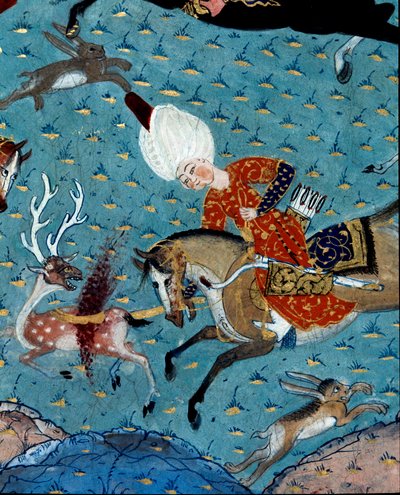 Voorstelling van de hovelingen van Sultan Murad II (Murat) (1404-1451) die herten en hazen jagen. Detail (detail). 17e-eeuwse miniatuur. Istanboel, Topkapi Sarayi Museum Bibliotheek door Ottoman School