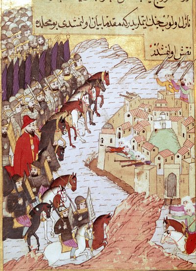 Tweede Kruistocht (1147-1149): de Kruisvaarders voor de stad Aleppo in Syrië. 16e-eeuwse miniatuur. Topkapi Sarayi Istanboel door Ottoman School