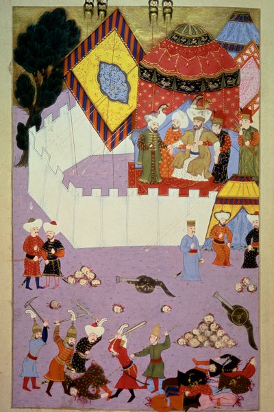 De moord op sultan Murad I (1326-1389) door de Servische ridder Milos Obilic in de Slag bij Kosovo door Ottoman School
