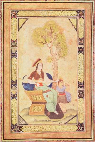 Vrouw zittend met een jong meisje in een tuin, uit Album de pièces calligraphiées et de miniatures door Ottoman School