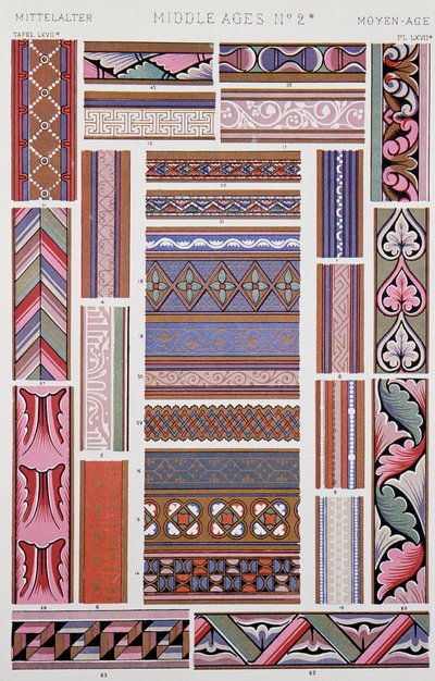 Middeleeuwse stijl decoratie, Plaat LXVII uit Grammar of Ornament, door Owen Jones (1809-1874), Londen door Owen Jones