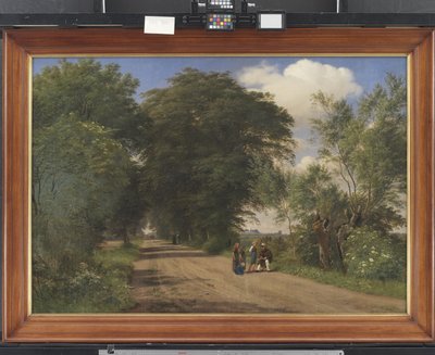 Een landweg bij Vognserup Manor, Zeeland. De schilder J.Th. Lundbye schetsend langs de weg door P.C. Skovgaard