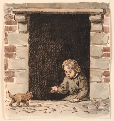 Een jongen die in een kelderdeur zit, lokt een puppy door P.C. Skovgaard