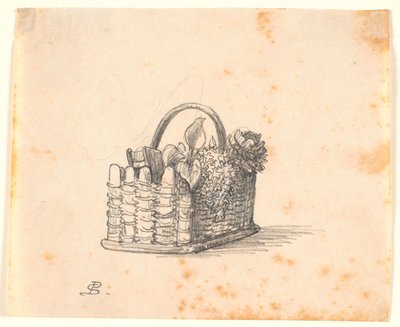 Een gevlochten mand met planten en een boek door P.C. Skovgaard