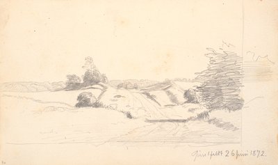 Een veldweg met wat struiken op de voorgrond. Op de achtergrond een bosrand door P.C. Skovgaard