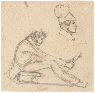 H.E. Freund zittend op een kruk en een tekening bekijkend. Boven rechts profielportret van J. Th. Lundbye. door P.C. Skovgaard