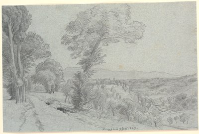 Italiaans berglandschap met uitzicht op "Genazzano 9 juli 1869" door P.C. Skovgaard