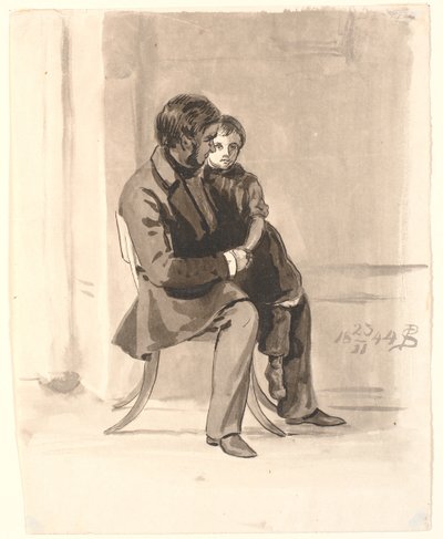 Johan Thomas Lundbye met Olympia Freund op schoot door P.C. Skovgaard