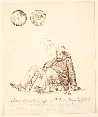 Karikatuur van Johan Thomas Lundbye met fez, lange pijp en koffiekop, zittend op een oosterse kruk. Bovenaan medaille met inscriptie 