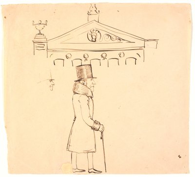 Karikatuur van een heer in bontjas buiten Casino door P.C. Skovgaard