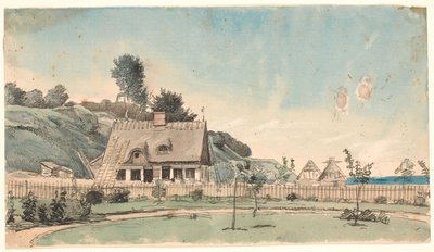 Kustlandschap met rieten huizen door P.C. Skovgaard