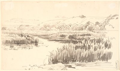 Landschap met een rivier langs de oever waar hoge riet groeit. Heuvels op de achtergrond. Vermoedelijk Vejle door P.C. Skovgaard