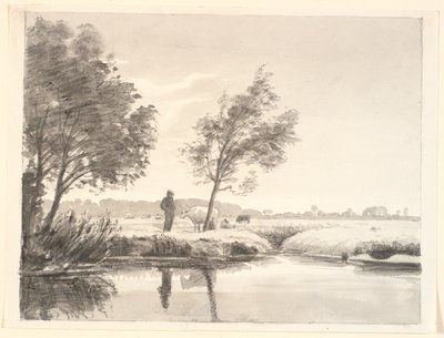 Landschap met velden, bomen, koeien en een boer die zich in het water van de voorgrond spiegelt door P.C. Skovgaard