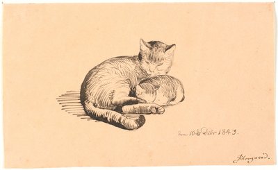 Liggende kat met haar kitten door P.C. Skovgaard