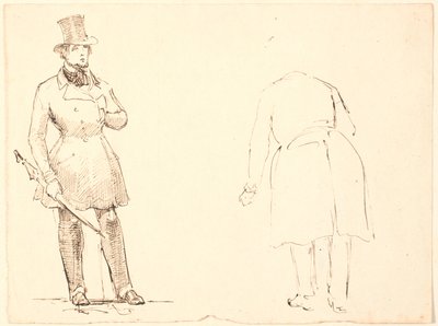 Staande heer met paraplu en rechts buigende heer van achteren gezien door P.C. Skovgaard