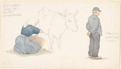 Studieblad met meisje dat een koe melkt, rechts een staande boer door P.C. Skovgaard