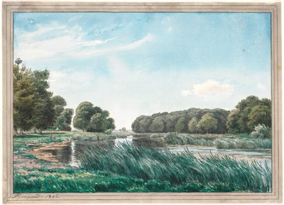 Bosrijk landschap met een meer en drie kinderen die staan te vissen door P.C. Skovgaard