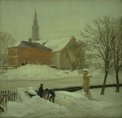 Uitzicht vanuit het huis van de kunstenaar in het Løweners eigendom op Christianshavn. Winterdag met sneeuw door P.C. Skovgaard