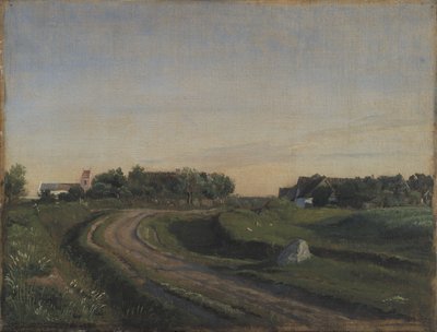 Vejby met de kerk gezien vanuit het noorden. Avondlicht. Seeland door P.C. Skovgaard