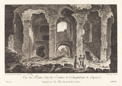 Uitzicht op de ruïnes van een van de trappen van het amfitheater van Capua door P.F. Germain after Louis Jean Desprez
