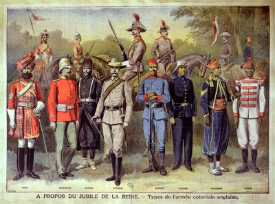 Engelse koloniale legers in hun respectieve uniformen ter viering van het jubileum van koningin Victoria, 21 juni 1883, illustratie uit 