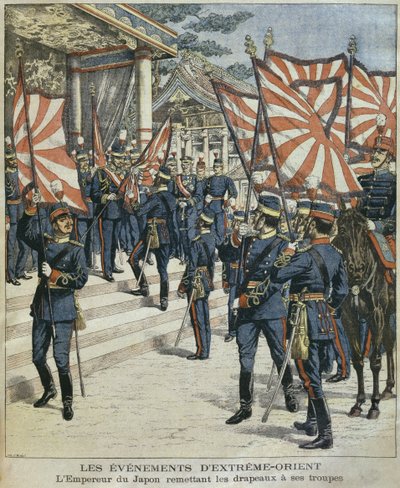 Zijn Keizerlijke Majesteit Mutsuhito, Keizer van Japan, geeft de vlaggen aan zijn troepen, illustratie uit 