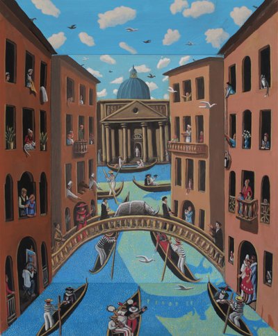 Neushoorn op de brug, 2025 (getint gesso op hout) door PJ Crook