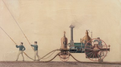 De eerste stoombrandweerwagen gebruikt in de Verenigde Staten in 1841 door P.R. Hodge